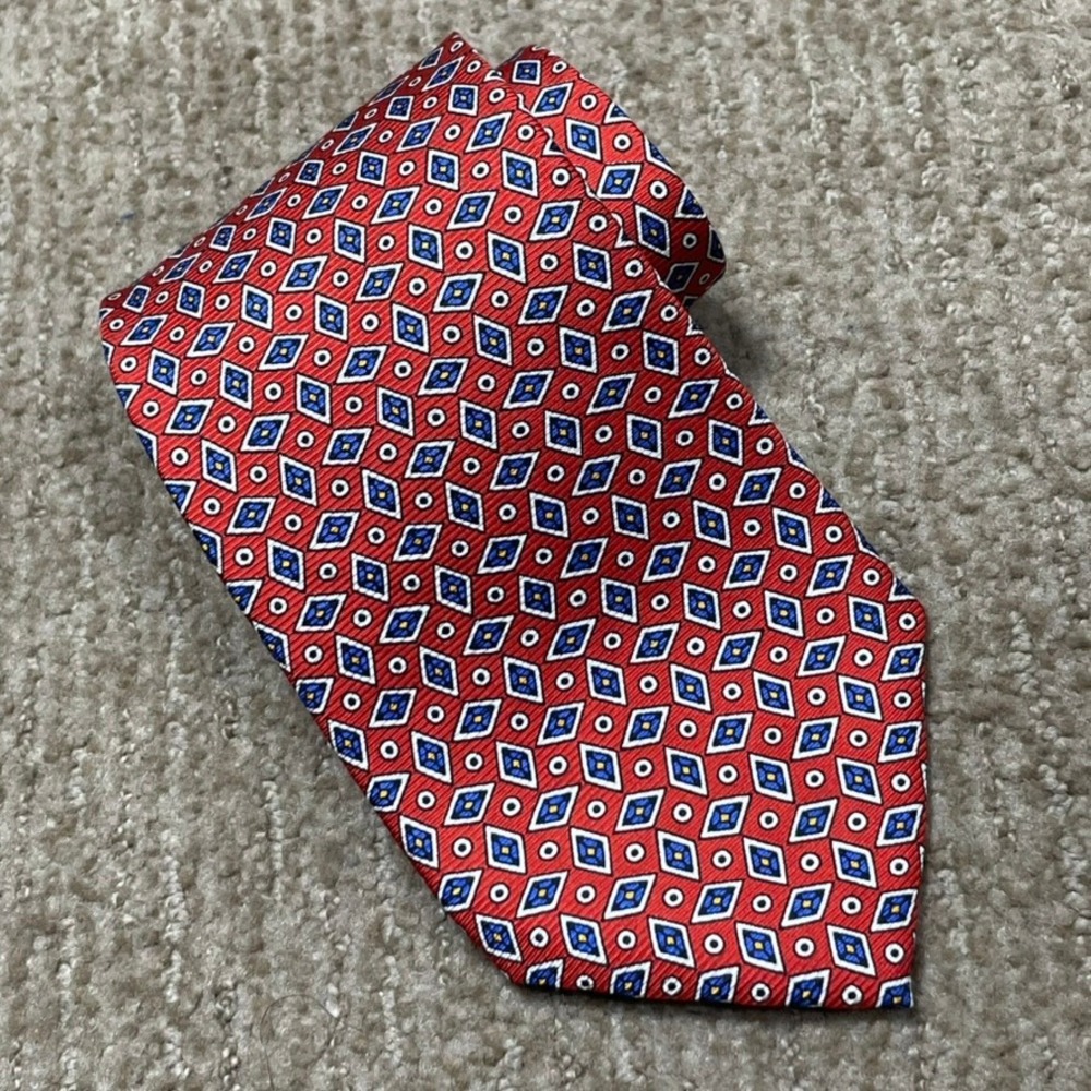 Lauren Ralph Lauren Silk Tie Red Geometric Preppy Americana Hand Finished USA